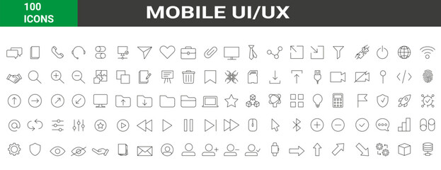 Set of 100 mobile ui, ux web Interface icons in line style. User, profile, message, mobile app, document file, social media, chat, Vector illustration.