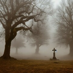 misty morning in the forest cemetery