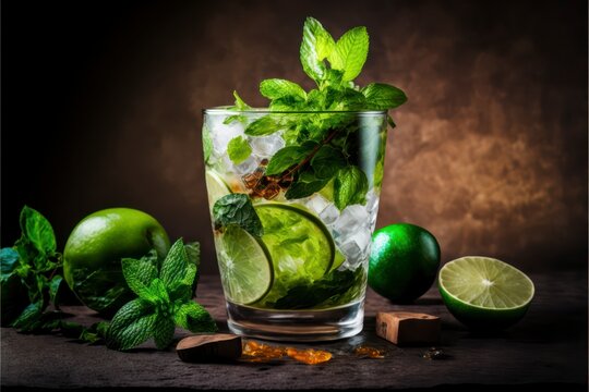 mojito cocktail with lime and mint, glass of fresh ice cold refreshment alcoholic summer drink with lemon slice, elegant luxury cinematic shot, generative ai