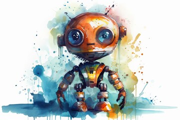 Cute Robot Watercolor. Generative AI