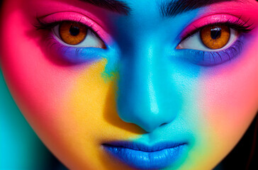 Woman's face with multicolored paints. Close up. Generative AI.
