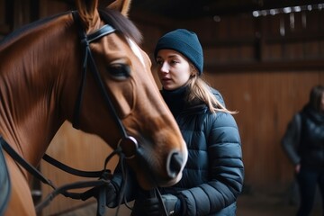 Fototapeta premium indoors education and training of horse at equine farm center - female instructor. Generative ai.