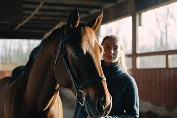 indoors education and training of horse at equine farm center - female instructor. Generative ai.