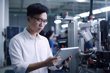 Fototapeta premium Student Holding Tablet and Controlling Robot Hand Moving at Different Ways At University Class. Asian Man Developing Software Production for Robotics Facility. Computer Science Concept.Generative ai.