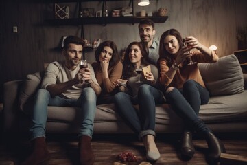Friends watching tv and drinking on a couch at home. generative ai.