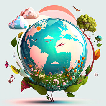 Happy Earth day concept. Planet model, globe and variety of trees, flowers, clouds around. Flat picture on white background. Green planet creative concept. AI generative