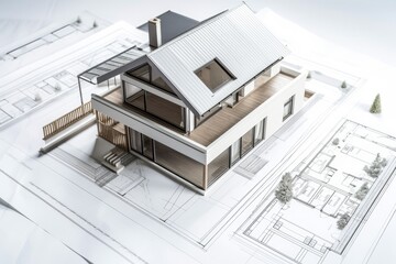 Obraz premium Plan and sketch of a modern detached house arhitect blueprint. Generative ai.