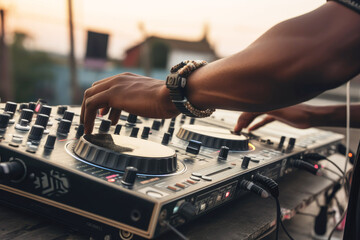 Fototapeta na wymiar DJ Hands creating and regulating music on dj console mixer in concert outdoor. Generative ai.