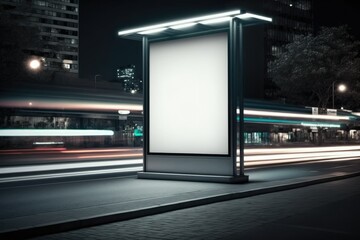 Mockup of blank advertising light billboard in the city at night. Light trails in background. Generative ai.
