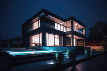 Modern villa with single color led lights at night. Generative ai.