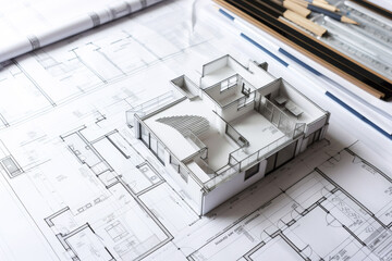 Plan and sketch of a modern detached house arhitect blueprint. Generative ai.