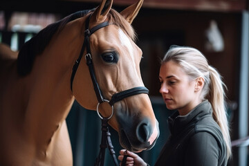 Obraz premium indoors education and training of horse at equine farm center - female instructor. Generative ai.