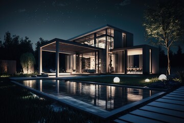 Night view of a beautiful modern house with solar panels and a swimming pool. Generative ai.