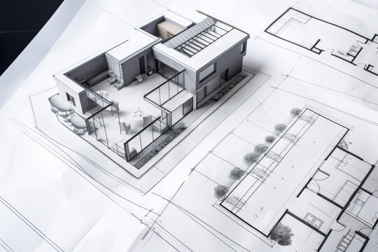 Plan and sketch of a modern detached house arhitect blueprint. Generative ai.