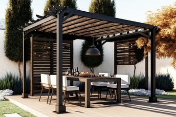 Modern patio furniture include a pergola shade structure, an awning, a patio roof, a dining table, seats, and a metal grill. Generative ai. - obrazy, fototapety, plakaty