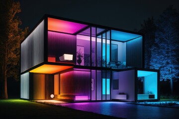 Modern villa with colored led lights at night. Generative ai.