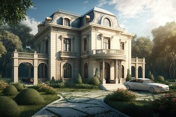 Fototapeta premium Large villa with two floors and garden. Generative ai.