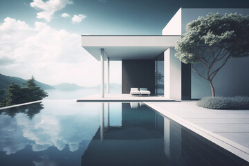 Modern designed exterior with infinity pool day scene at summer. Generative ai.