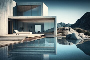 Modern designed exterior with infinity pool day scene at summer. Generative ai.