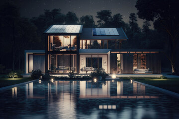 Fototapeta premium Night view of a beautiful modern house with solar panels and a swimming pool. Generative ai.