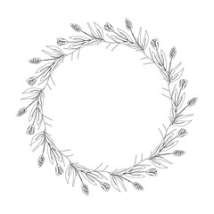 Template frame of spring flowers line art on a white background. Round. Floral design for wedding invitation, banner, poster.