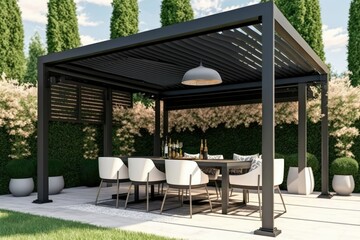Fototapeta premium Modern patio furniture include a pergola shade structure, an awning, a patio roof, a dining table, seats, and a metal grill. Generative ai.