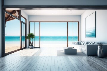 Sea view dining and living room of luxury summer beach house with swimming pool near wooden terrace. Big gray sofa in vacation home or holiday villa. Generative ai.