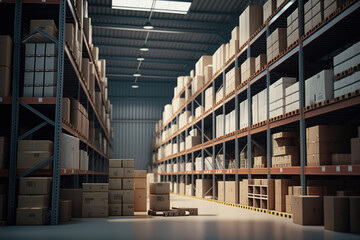 Obraz premium A large clean warehouse with shelfs, carboard boxes and products. Generative ai.