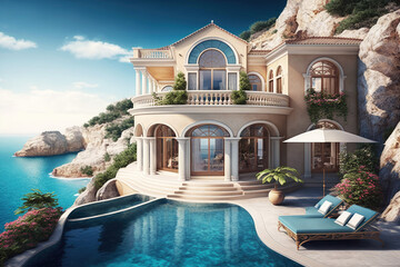luxury villa house and swimming pool on terrace. Generative ai.