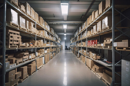 A large clean warehouse with shelfs, carboard boxes and products. Generative ai.
