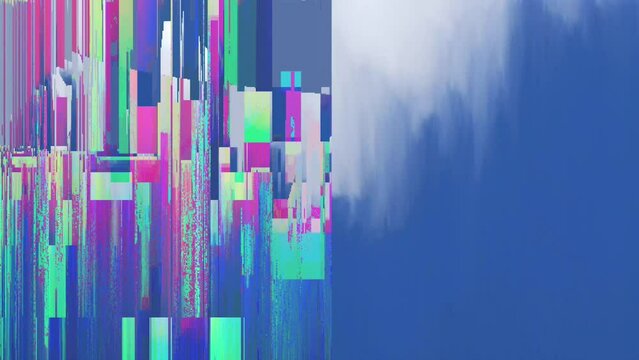 Sky glitch Weirdcore Simulation Cyberpunk Cyber Webcore Error Matrix infinite pixel trails spinning vj music background visual, seamless loop, endless animation colorful sky blue and pink fractals