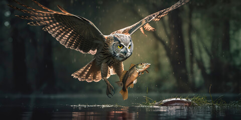 An owl with outstretched wings catches a trout