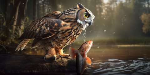 An owl with outstretched wings catches a trout