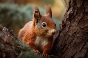 Naklejka na ściany i meble A red squirrel is depicted in the branches of a tree. Generative AI
