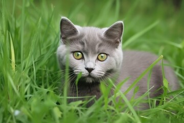 In green grass, a lovely small gray cat british kitten lies. Generative AI