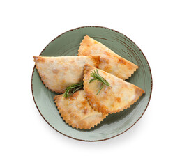 Plate of baked meat empanadas and rosemary on white background