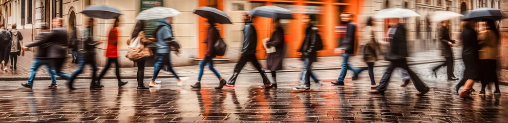Fototapeta premium Lots of people walking around the city. Blurred image, wide panoramic view of the road with people on a rainy day.