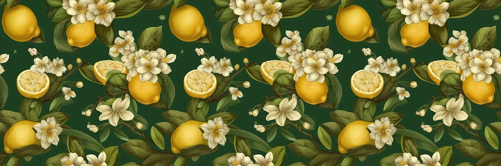 Fresh yellow fruits of lemon, with green leaves and blossom. Seamless citrus texture on a green background. Vintage botanical illustration.	