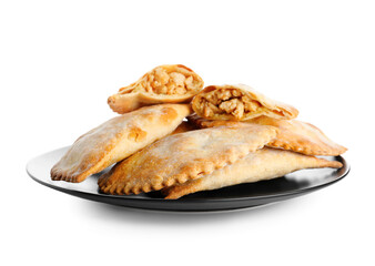 Plate of baked meat empanadas on white background