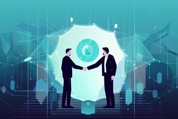 Crypto Business two persons handshake on finance prosperity and money technology asset background. Illustration. Generative ai.