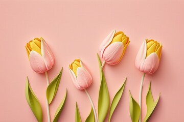 Spring tulip flowers on pink background top view in flat lay style. Greeting for Womens or Mothers Day or Spring Sale Banner. Generative ai.