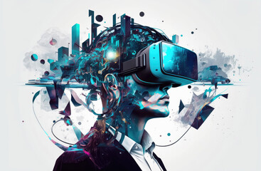 AI Metaverse concept collage design with man wearing VR headset floating though abstract shapes, man with smart glasses futuristic technology. Generative ai.