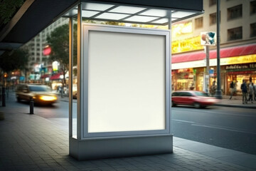 Mockup of blank advertising light box in the city. Generative ai