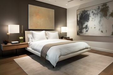 Bedroom: As you walk into the bedroom, you see a low platform bed with white bedding and a single piece of abstract art on the wall.  Generative ai.