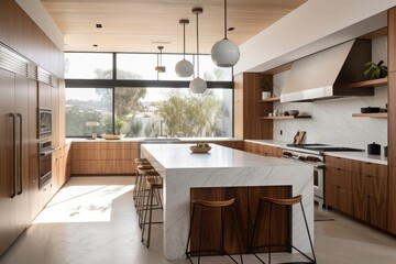 Kitchen: As you enter the kitchen, you see a large island with a white countertop and a minimalist pendant light hanging above it. Generative ai