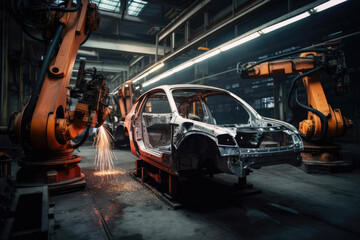 Robots welding in a car factory. Welding car body. Generative ai.