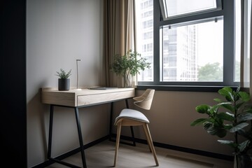 Fototapeta na wymiar Study: As you enter the study, you see a minimalist desk with a sleek chair and a single plant on the windowsill. Generative ai.
