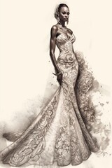 Fototapeta na wymiar A bridal concept sketch with a beautiful African American bride. Generative AI.
