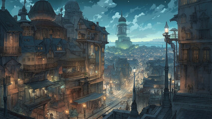 夜のファンタジー風の都市背景 Victorian steampunk metropolis at night Generative AI 画像生成AI