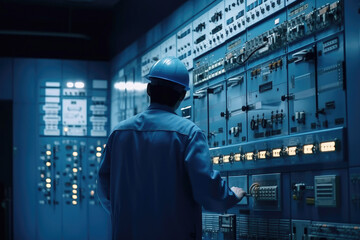Electrical station, Central control panel of nuclear power plant reactor. Engineer at work back view, blue color. Generative ai.